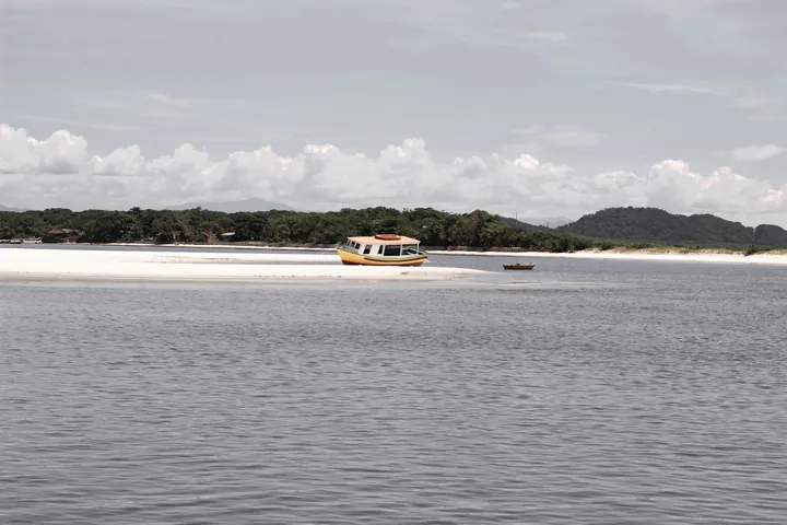 Barco amarelo de travessia diante da mata da Ilha do Mel